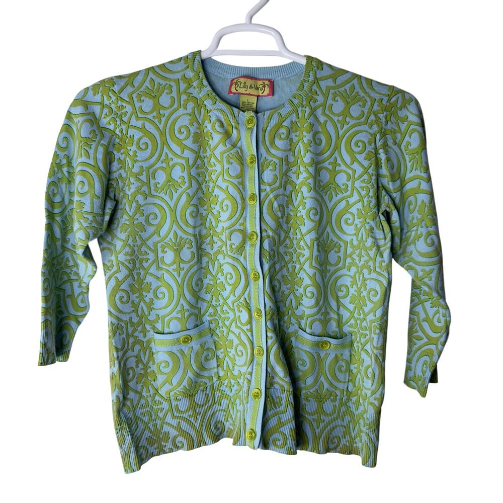 Lilly & Van Women's Large Cardigan Sweater Knit Button Up Green Blue‎ Y2K EUC